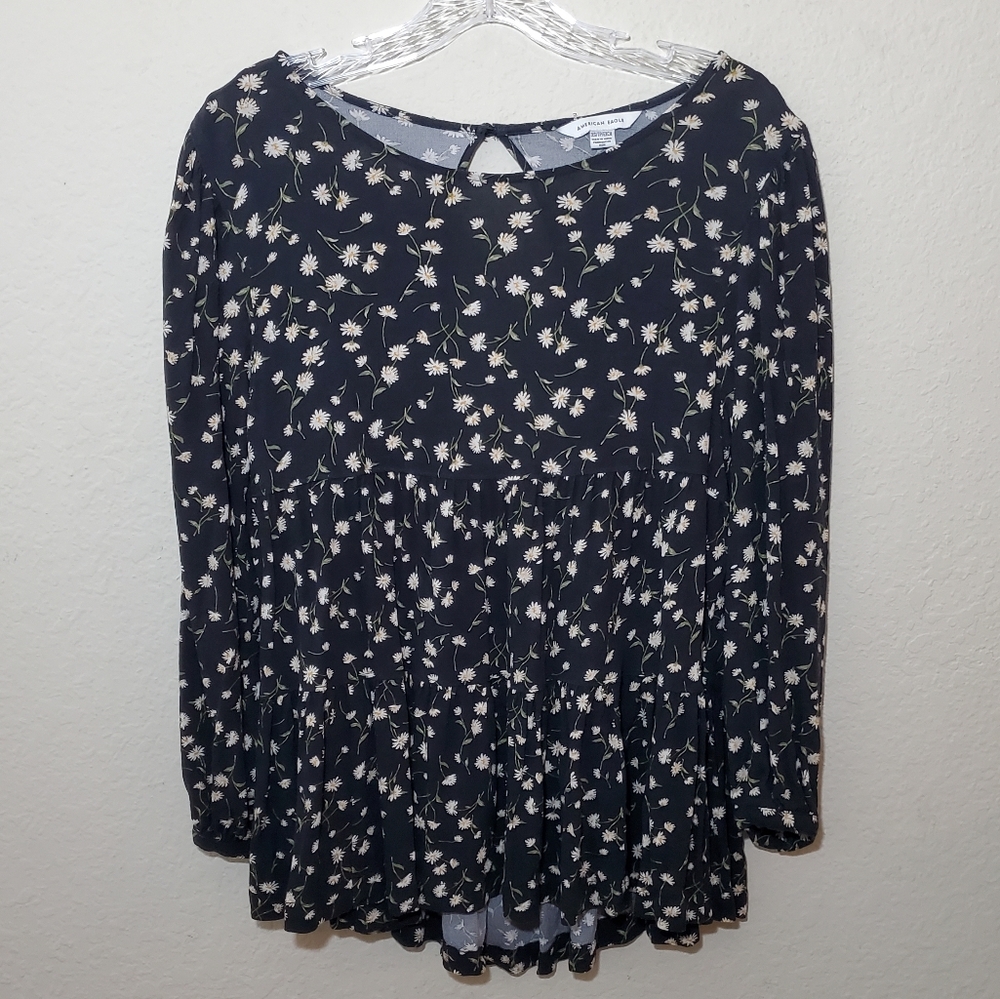 American Eagle Floral Long Sleeve Open Back Babydoll Top